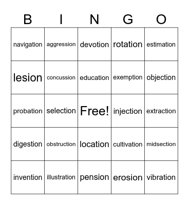 FInal Stable Endings: -sion and -tion Bingo Card