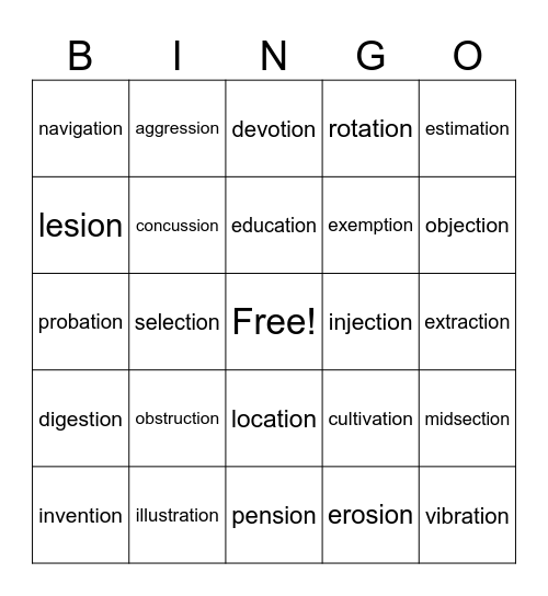 FInal Stable Endings: -sion and -tion Bingo Card