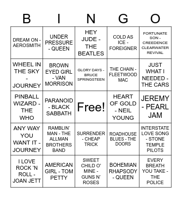 I LOVE ROCK N ROLL Bingo Card