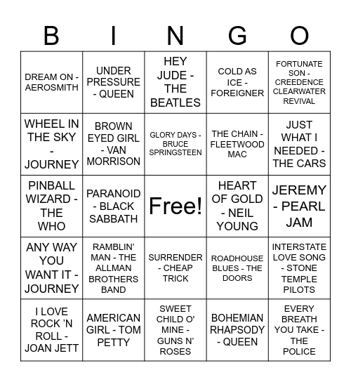 I LOVE ROCK N ROLL Bingo Card
