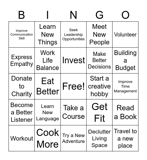 Personal Goals Bingo Card