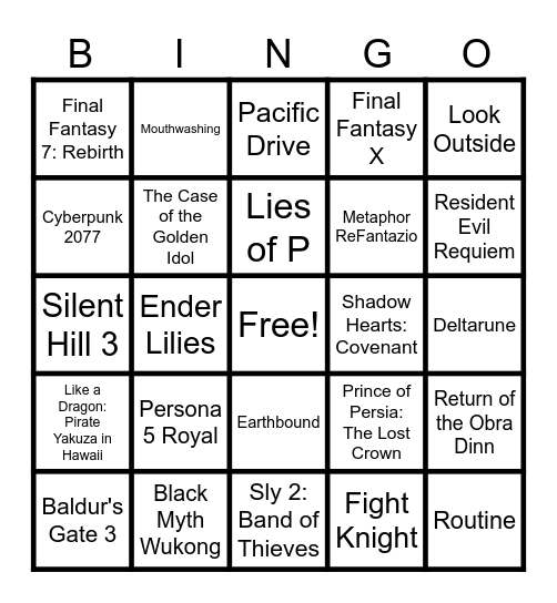 2026 Games to Play Bingo Card