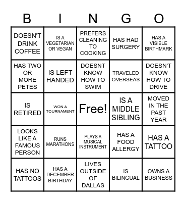 FIND SOMEONE FAMILY BINGO Card