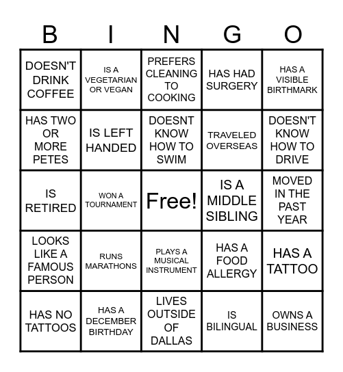 FIND SOMEONE FAMILY BINGO Card