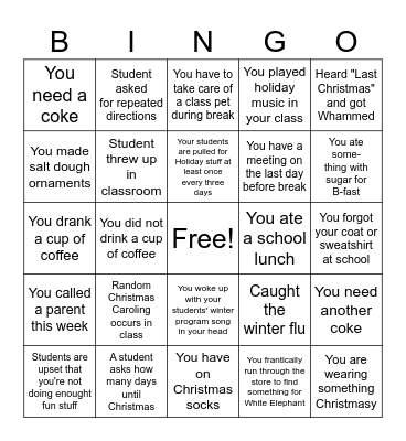 Teacher Christmas Bingo Card