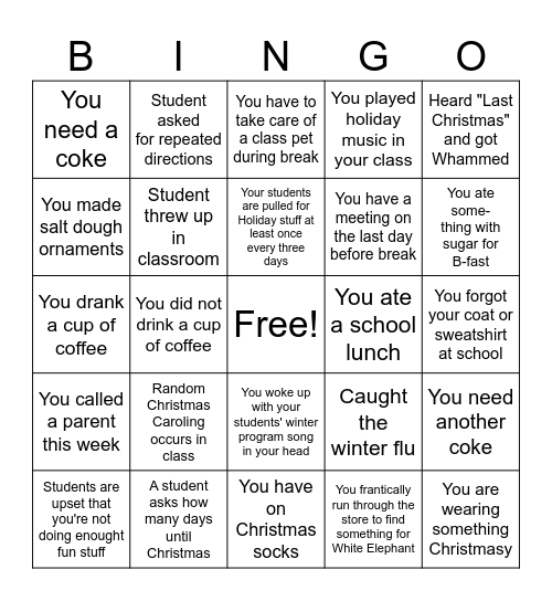Teacher Christmas Bingo Card