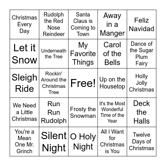 Christmas Song BINGO Card
