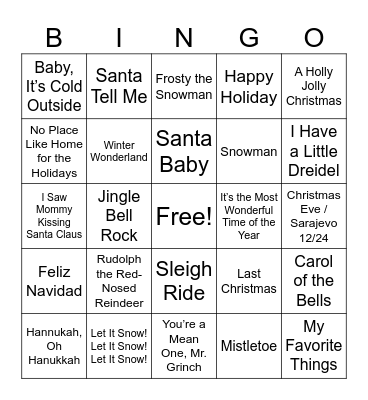 HRD Holiday Song Bingo Card