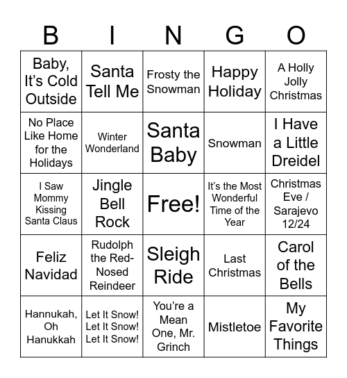 HRD Holiday Song Bingo Card