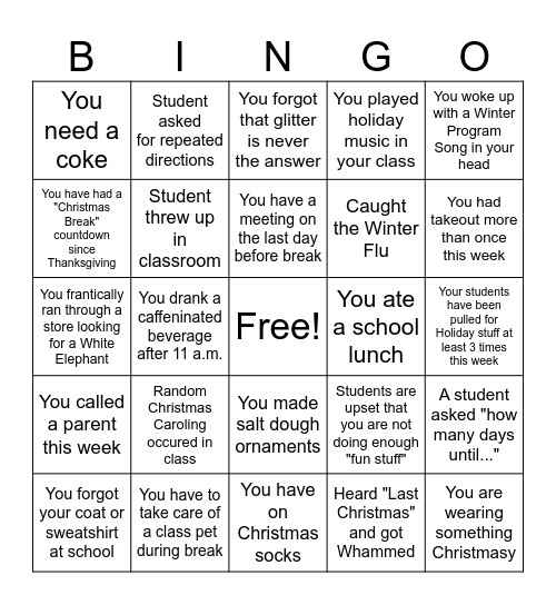 Teacher Christmas Bingo Card