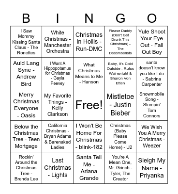 Christmas Song Bingo Card