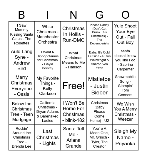 Christmas Song Bingo Card
