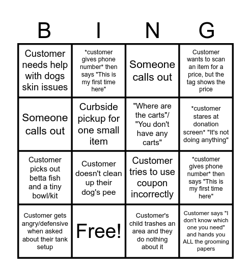 Petco Bingo Card