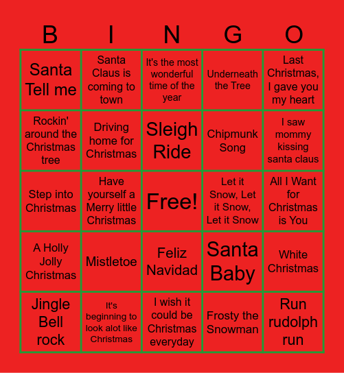 Christmas Song Lyric Bingo Card