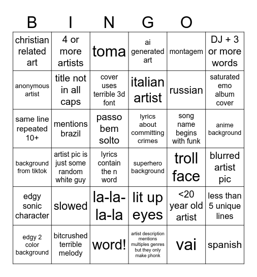 Phonk bingo Card