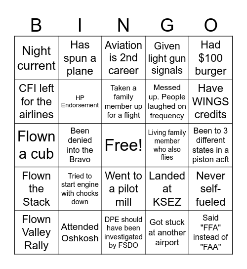 Valley Aviators Bingo Card