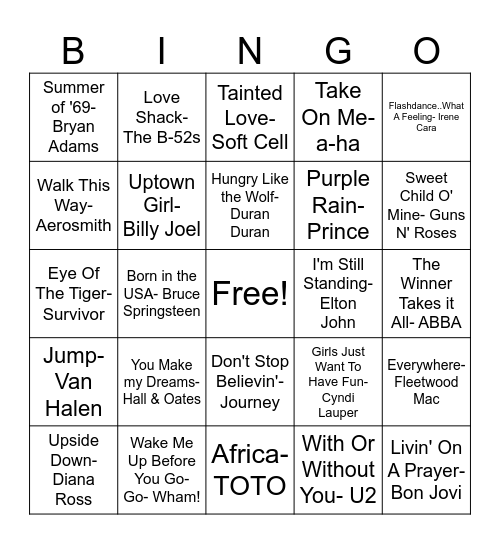 80s Music Bingo Card