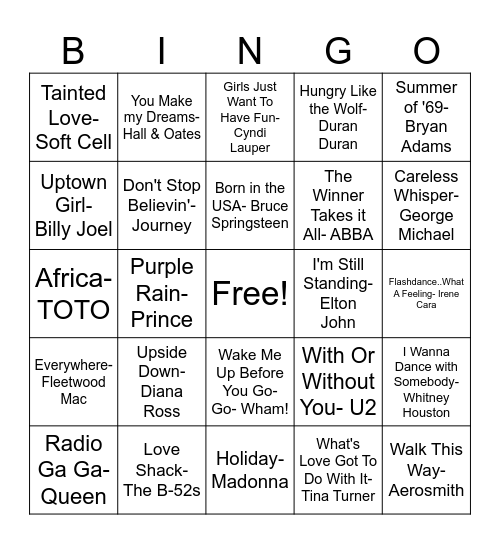 80s Music Bingo Card