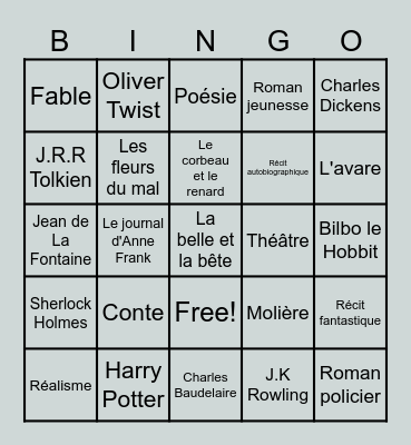 Bingo littéraire Bingo Card