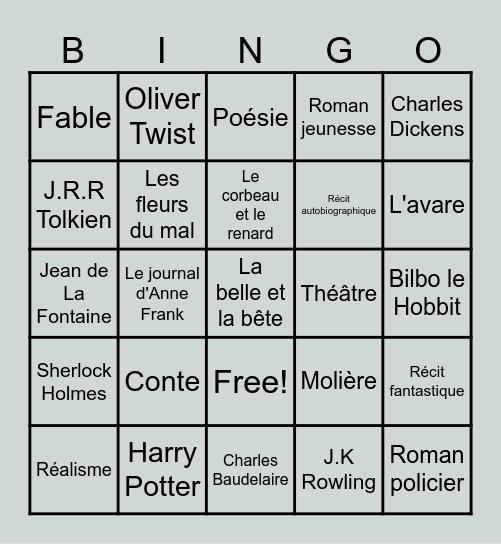 Bingo littéraire Bingo Card