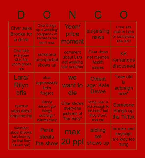 KK Alum Dinner Bingo Card