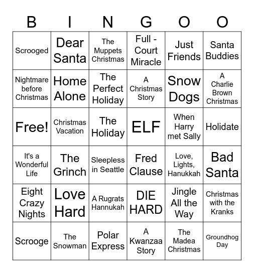 Holiday Movie Bingo Card