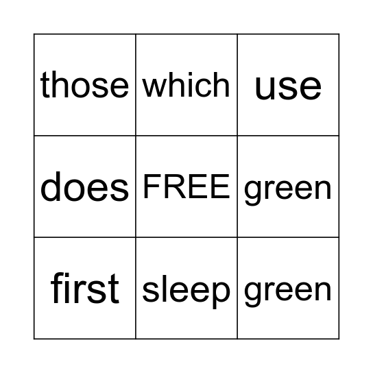 Sight Words Bingo Card