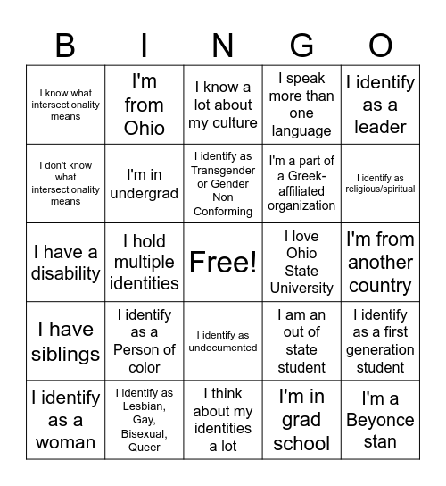 Identity Bingo Card