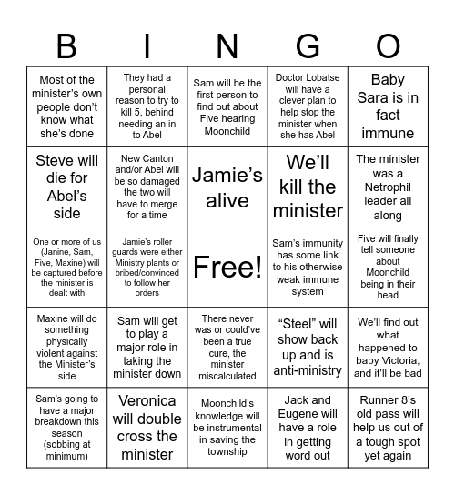 Zombies Run season 5 predictions Bingo Card
