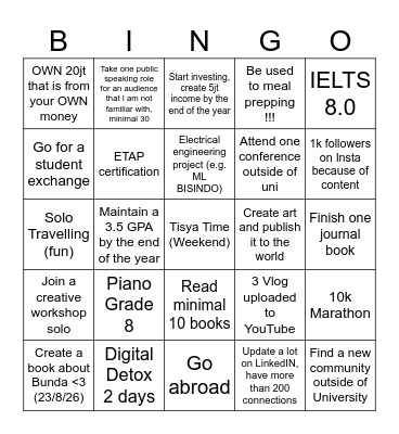 Tisya's Personal 2026 Goals Bingo Card