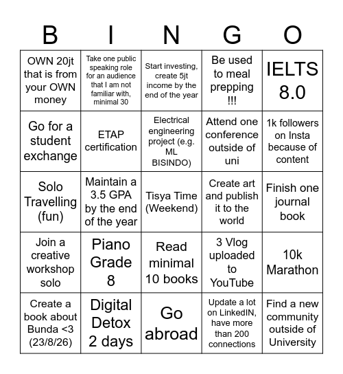 Tisya's Personal 2026 Goals Bingo Card