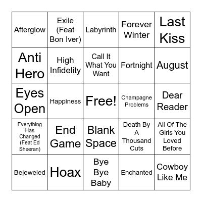 T-Swizzle part 1                                               ... (Taylor's Version) Bingo Card