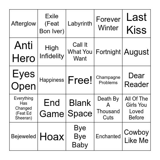 T-Swizzle part 1                                               ... (Taylor's Version) Bingo Card