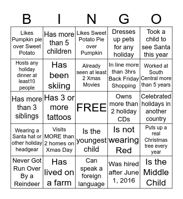Holiday Staff Bingo Card