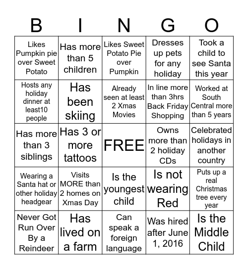 Holiday Staff Bingo Card