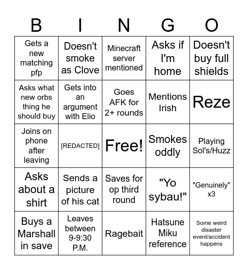 Ryan Bingo Card