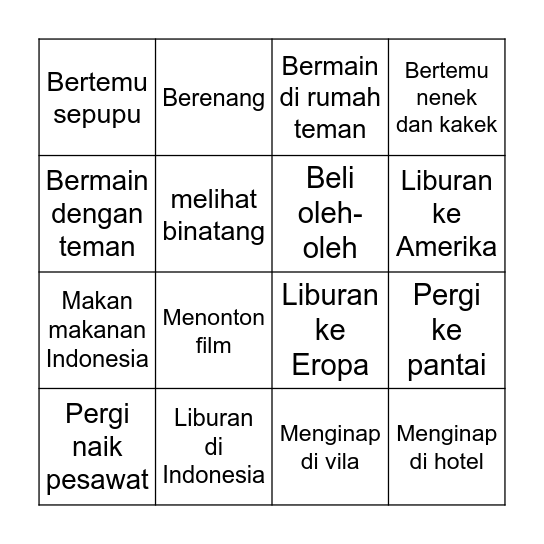 BINGO LIBURAN Bingo Card