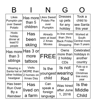 Holiday Staff Bingo Card