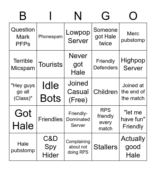 Casual VSH Bingo Card