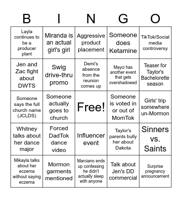 Secret Lives of Mormon Wives Bingo Card