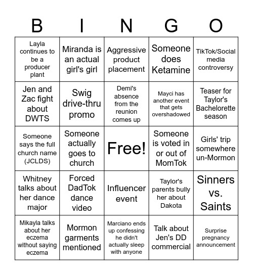 Secret Lives of Mormon Wives Bingo Card