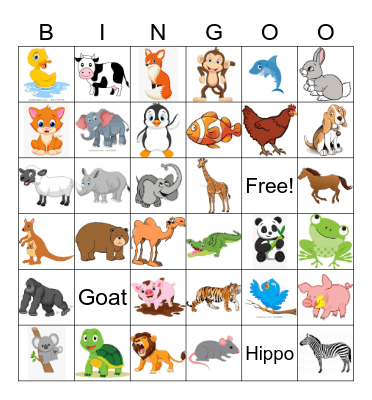 Animal Bingo Card