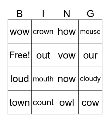 Phonics (ou and ow) Bingo Card