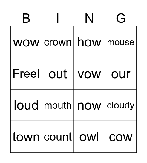 Phonics (ou and ow) Bingo Card