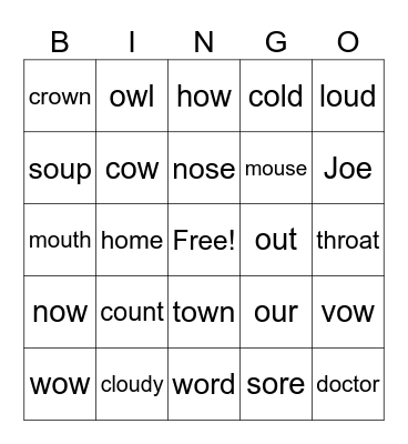 Phonics (ou and ow) Bingo Card