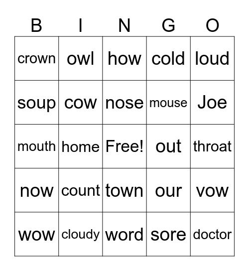 Phonics (ou and ow) Bingo Card