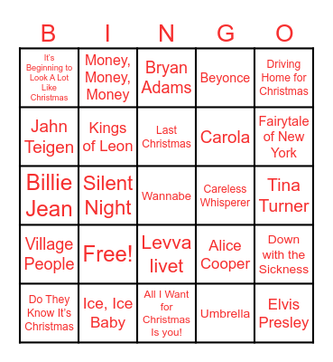 Julebord Music Bingo Card