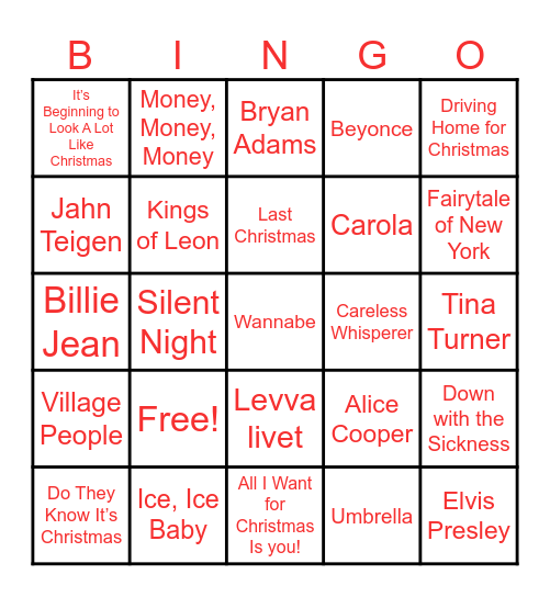 Julebord Music Bingo Card
