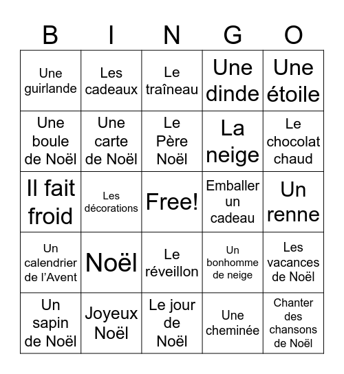 French Christmas Bingo Card