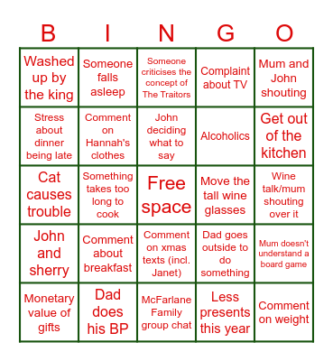 Christmas Survival Bingo Card